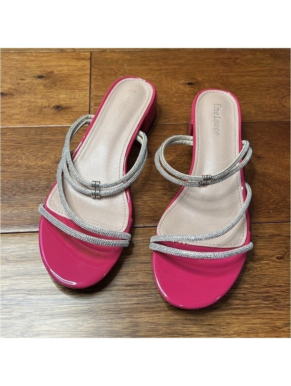EneLauge Bright Pink Patent Leather Sparkly Rhinestone Low Heel Slides Size 42